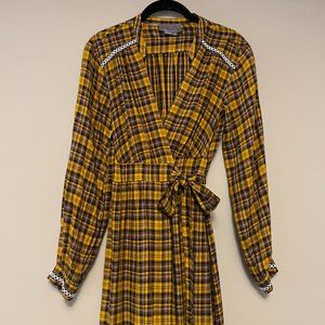 Anthropologie Brown & Yellow Plaid Wrap Dress with Pleat and Embroidered Details